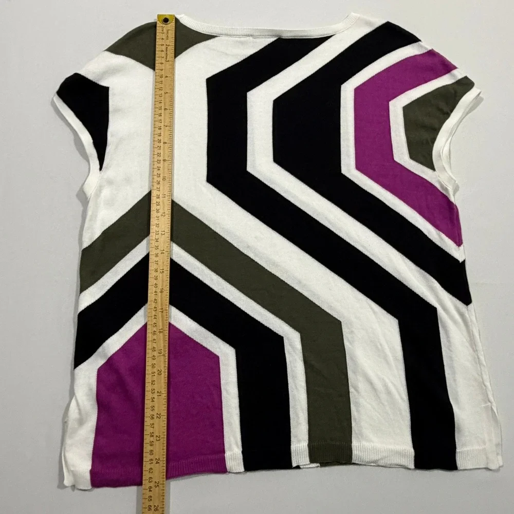 Chicos Knit Top Womens 2 L Purple Black Geometric Cap Sleeve Cotton Blend Mod